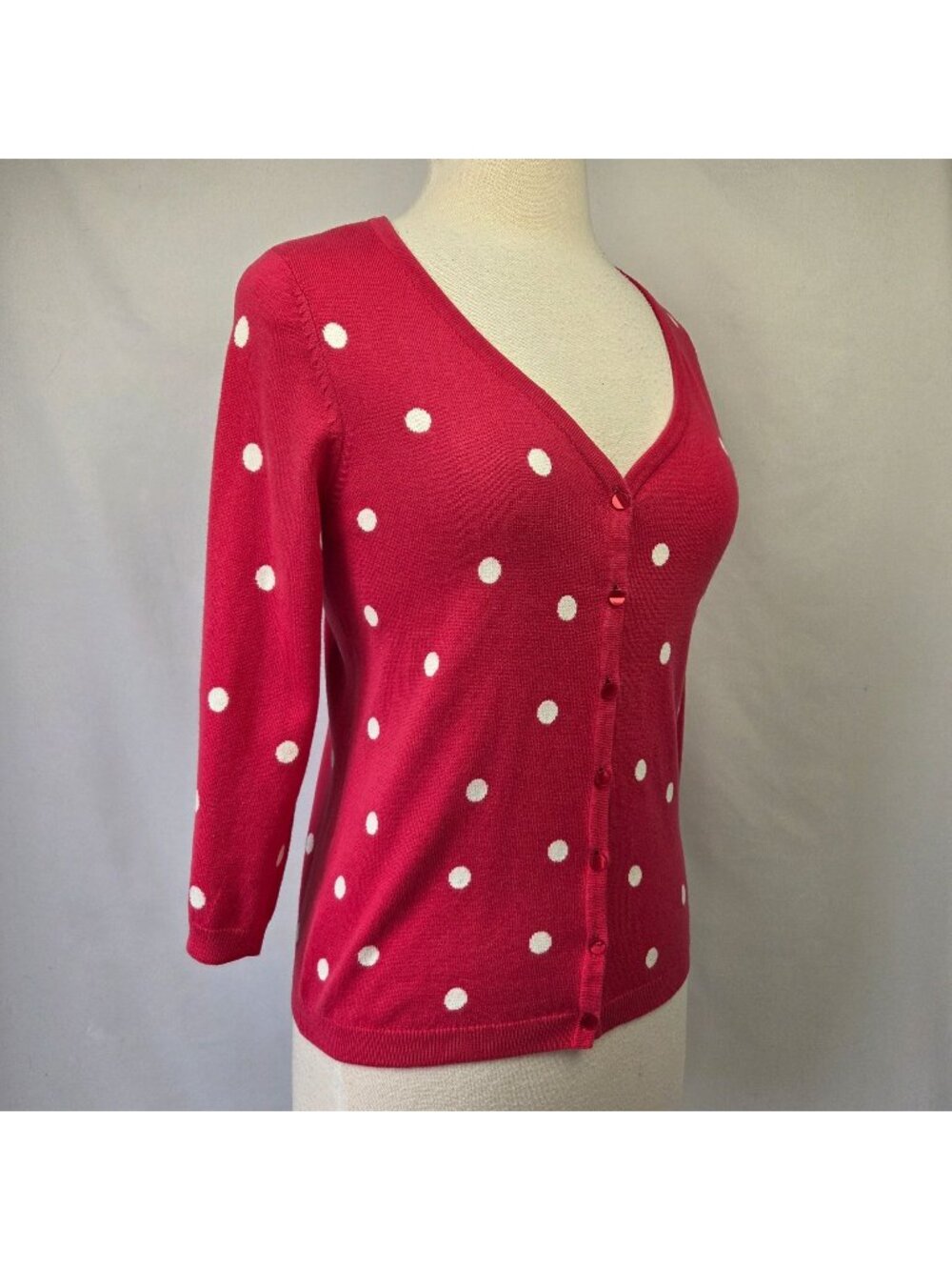 Talbots Polka Dot Button-Down Cardigan Sweater 3/4 Sleeves Fuchsia Size Small